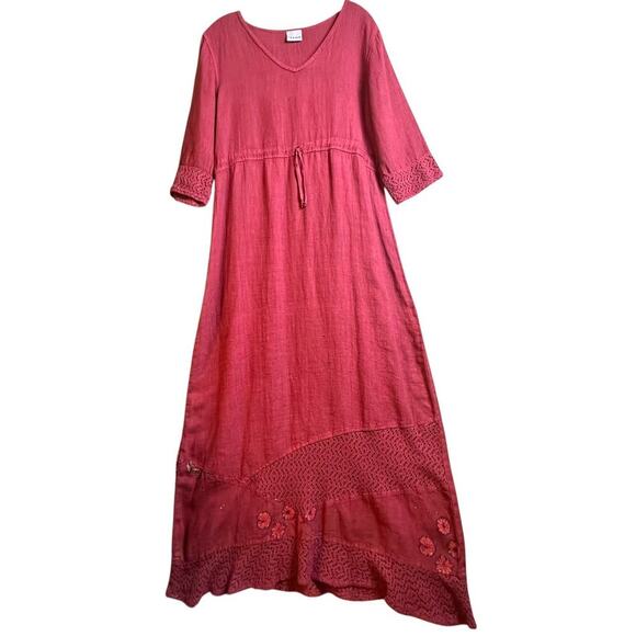 Vtg 90s Y2K Stamp Maxi‎ Dress Long Sleeve Travel Lagenlook Maroon Cottagecore M - Picture 2 of 16
